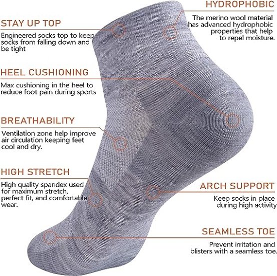 Men's 90% Wool Athletic Thin Running Moisture Wicking Socks, 3 Pairs