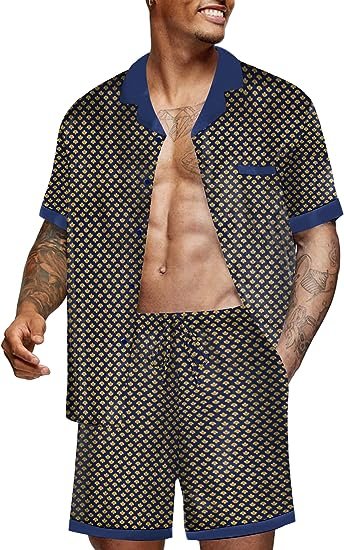 Men Satin Silk Pajamas Set with Pockets Summer Loungewear 2 Piece Button Down Set